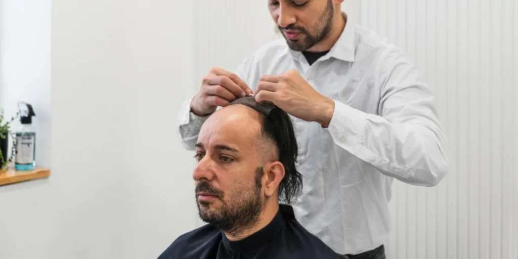 Technician fitting a hairpiece on a bald man's head – Custom Hairpieces in Birmingham.