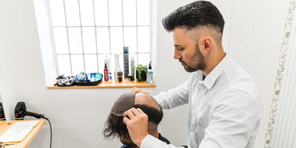Stylist carefully applying a male hair systems on a client’s bald scalp for a natural look.