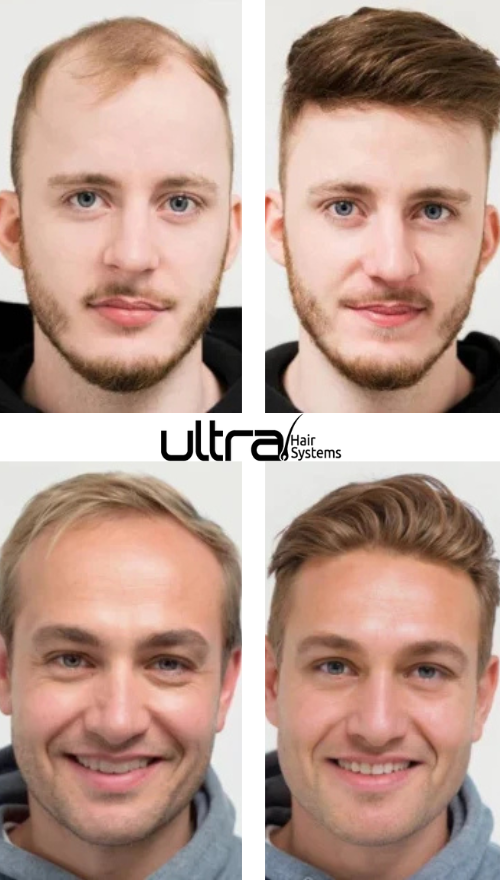 Before and after results of hair system for men in Birmingham showing natural hair restoration and improved appearance.